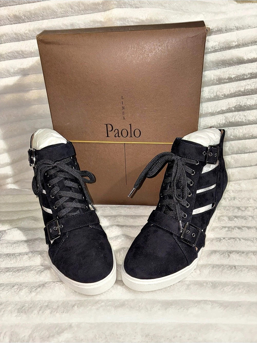 Linea Paolo Fave Black Kid Suede Wedge Sneakers NWT